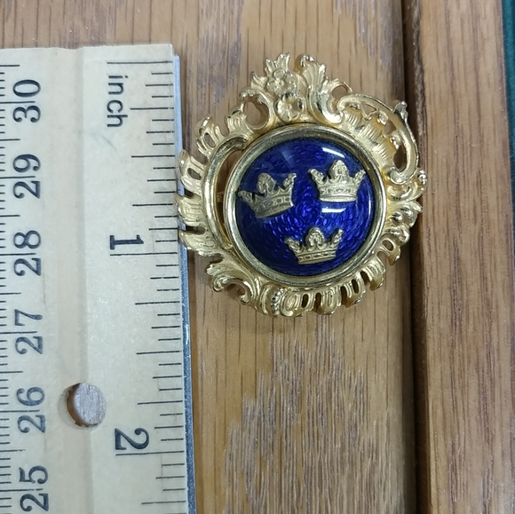 Vintage Sporrong & Co. Stockholm Blue Enamel 3 Crown Gold Brooch Pin Swedish - Picture 6 of 16
